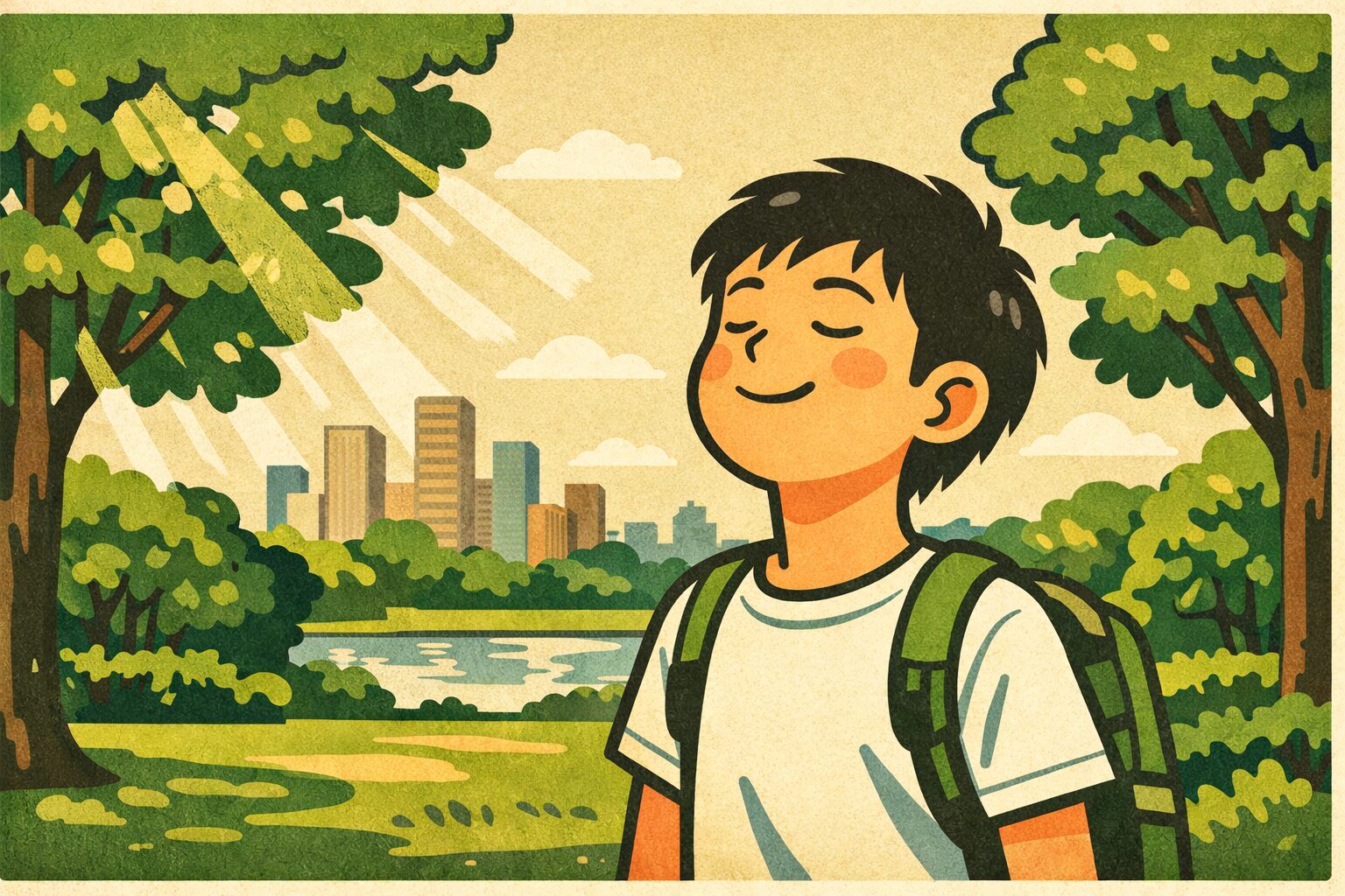 都市公園の新緑の中で深呼吸する東アジア人の少年のイラスト