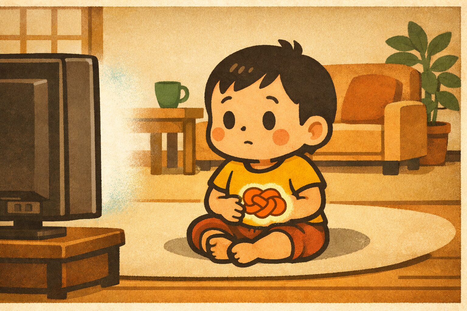 テレビを見続けて座り込む幼児と、運動不足や消化の滞りをやさしく示唆するイラスト
