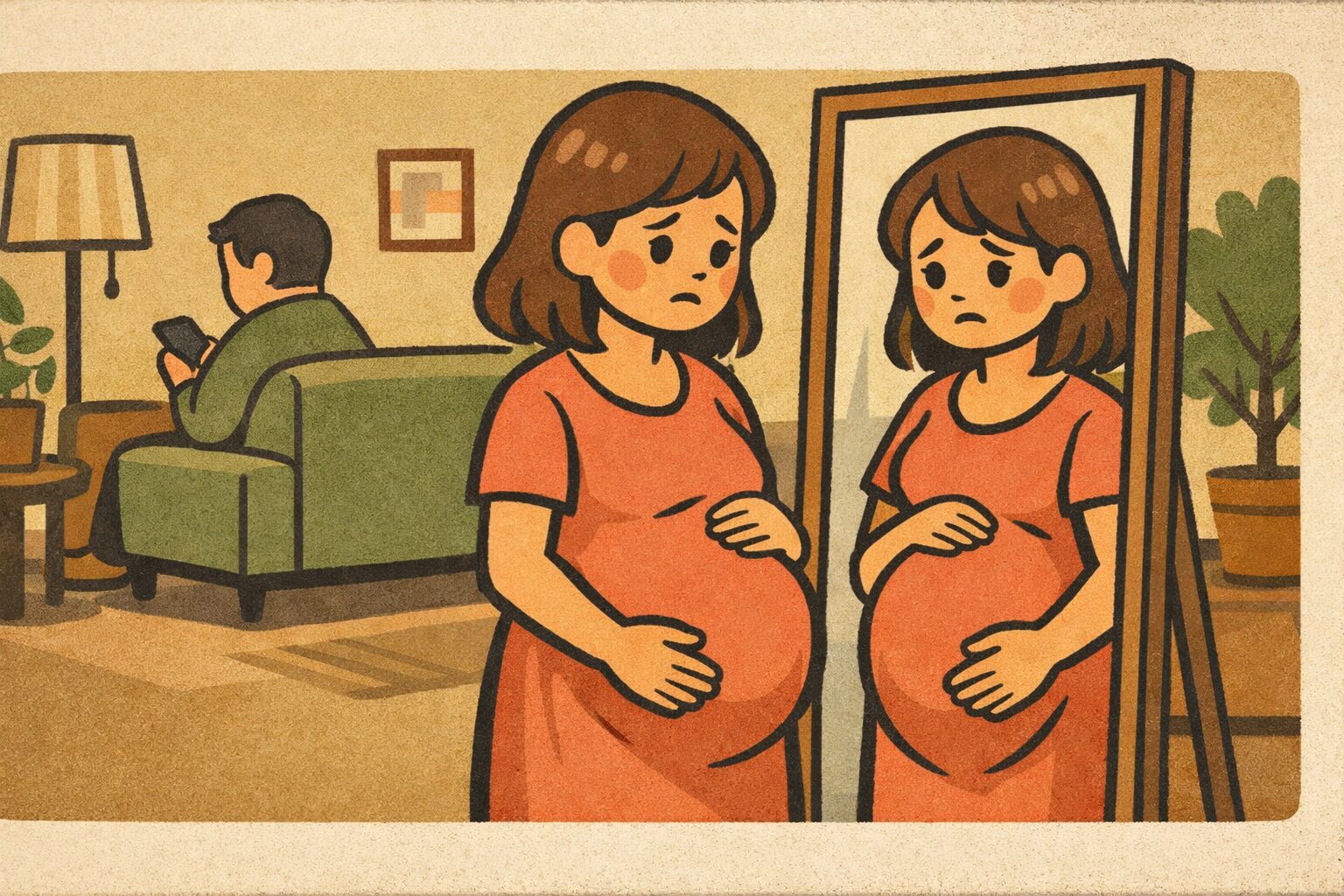 妊娠後期の女性が鏡の前でお腹に手を当て、不安そうな表情を浮かべている様子と、背景で距離を感じさせる夫の姿