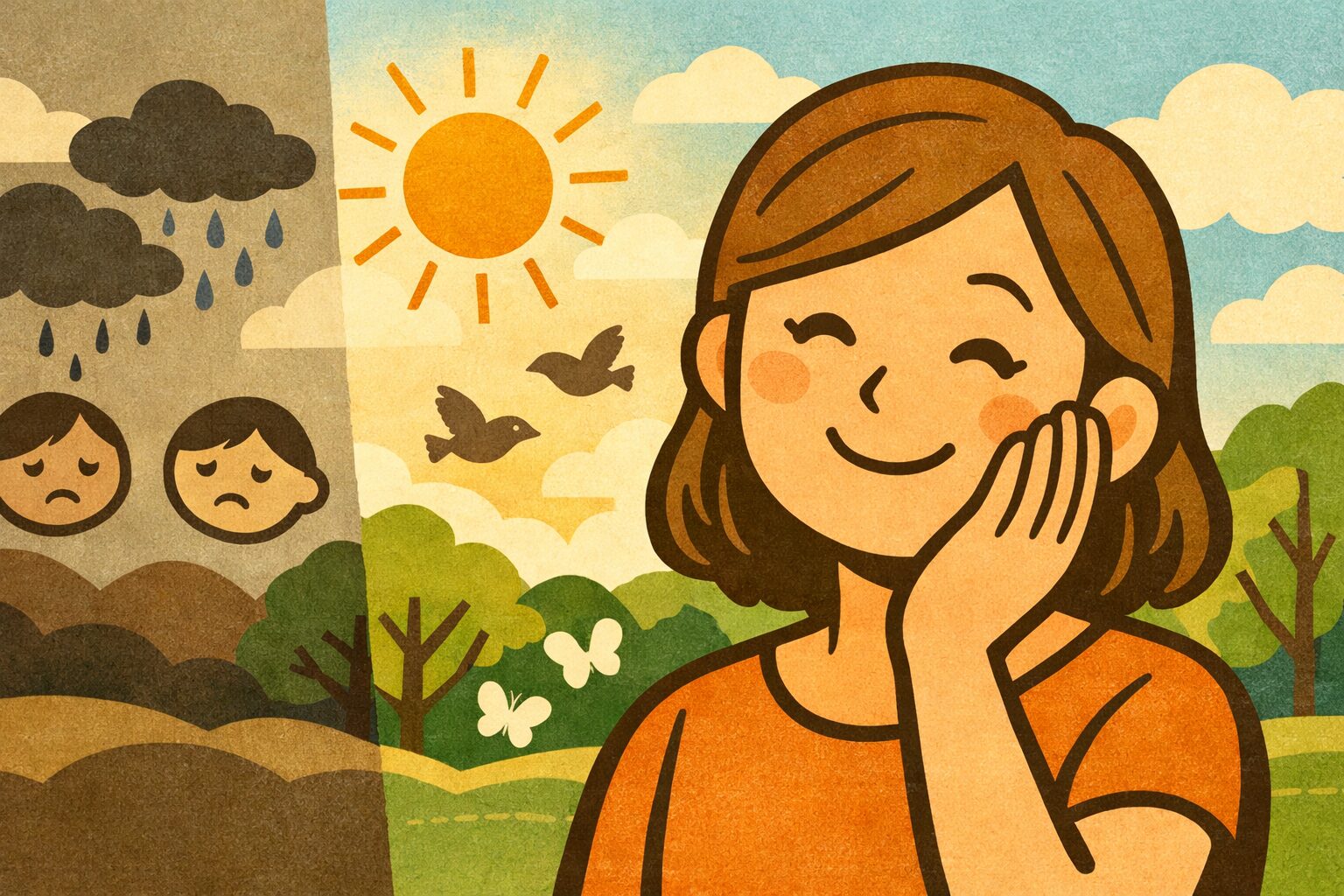 不安や抑うつからの回復を象徴する、穏やかな表情の40代女性のイラスト