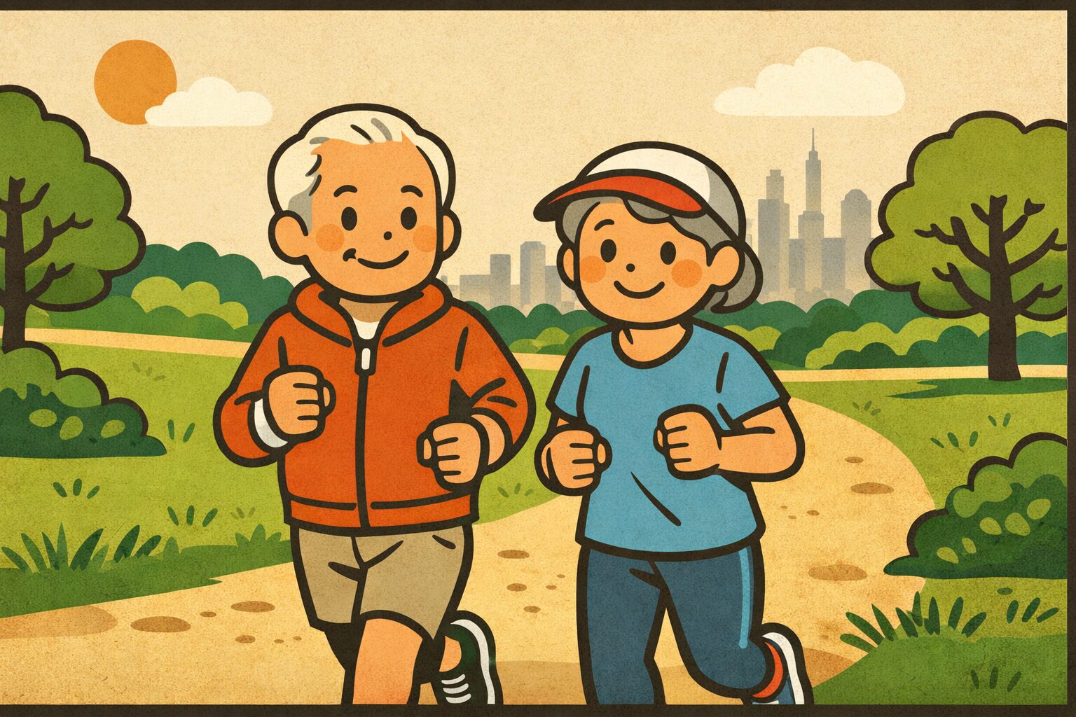 日当たりの良い公園で軽くジョギングを楽しむ健康的なシニア男女のイラスト。中高年の運動習慣と健康維持をイメージしたビジュアル。
