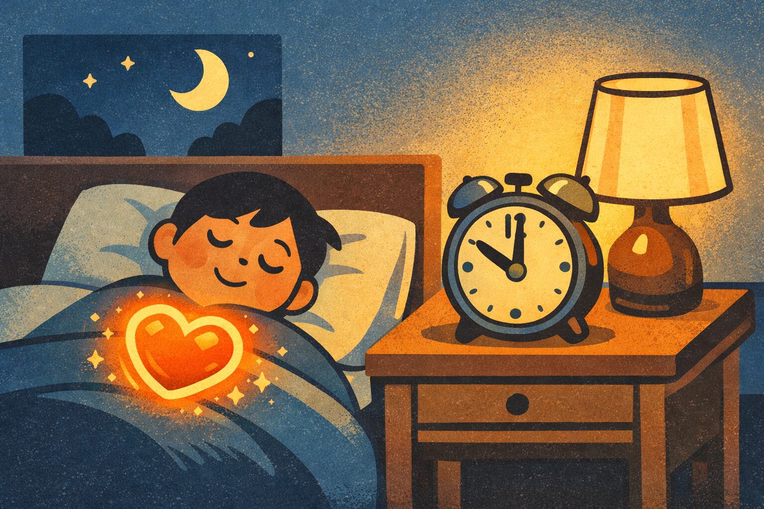 毎日同じ時間に就寝する習慣が血圧を下げ心臓を守ることを示す、夜の寝室で安らかに眠る人物のイラスト