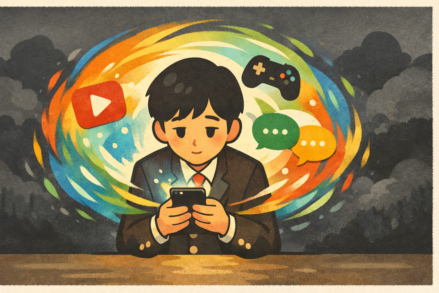 スマートフォンを見つめる日本の高校生と、デジタルコンテンツが不安を和らげる様子を描いたイラスト