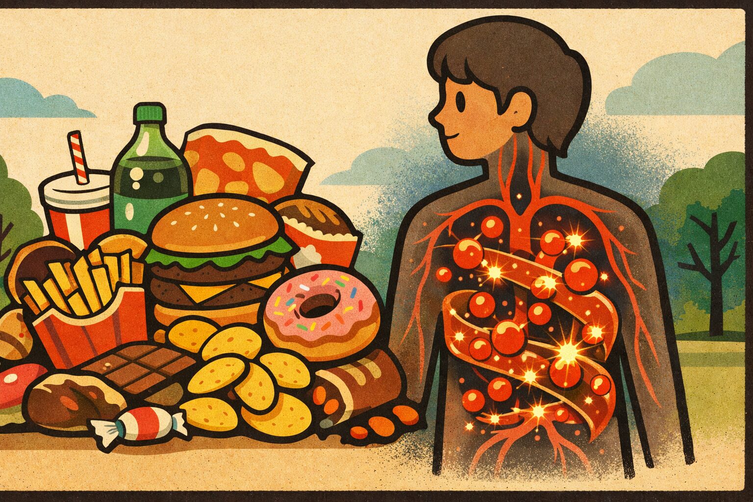 超加工食品（ハンバーガー、ポテト、ドーナツ、炭酸飲料）と、高血糖による血管内の異常を象徴的に描いたレトロ風イラスト