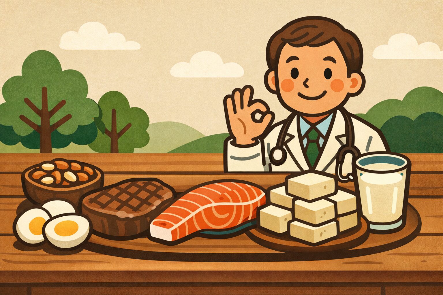 高タンパク質食品(ステーキ・サーモン・豆腐・卵・ナッツ・牛乳)と、それらの安全性を示す笑顔の医師を描いた栄養医学イラスト