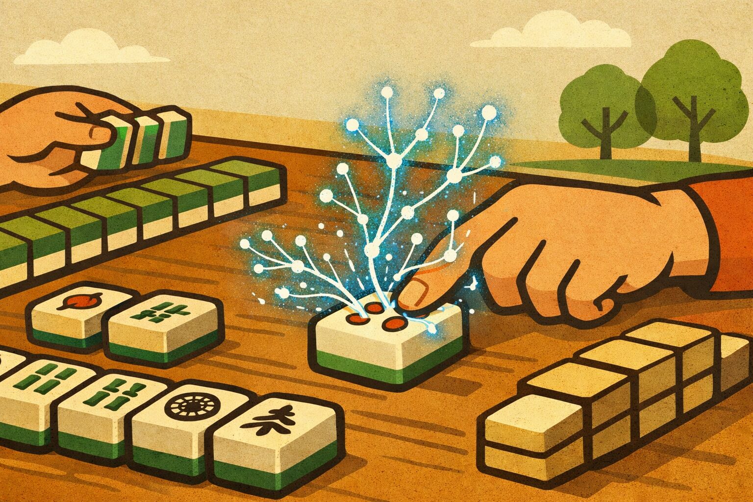 麻雀牌に触れる手元から神経回路のような光が広がり、脳の活性化と認知機能向上を象徴するレトロ調イラスト