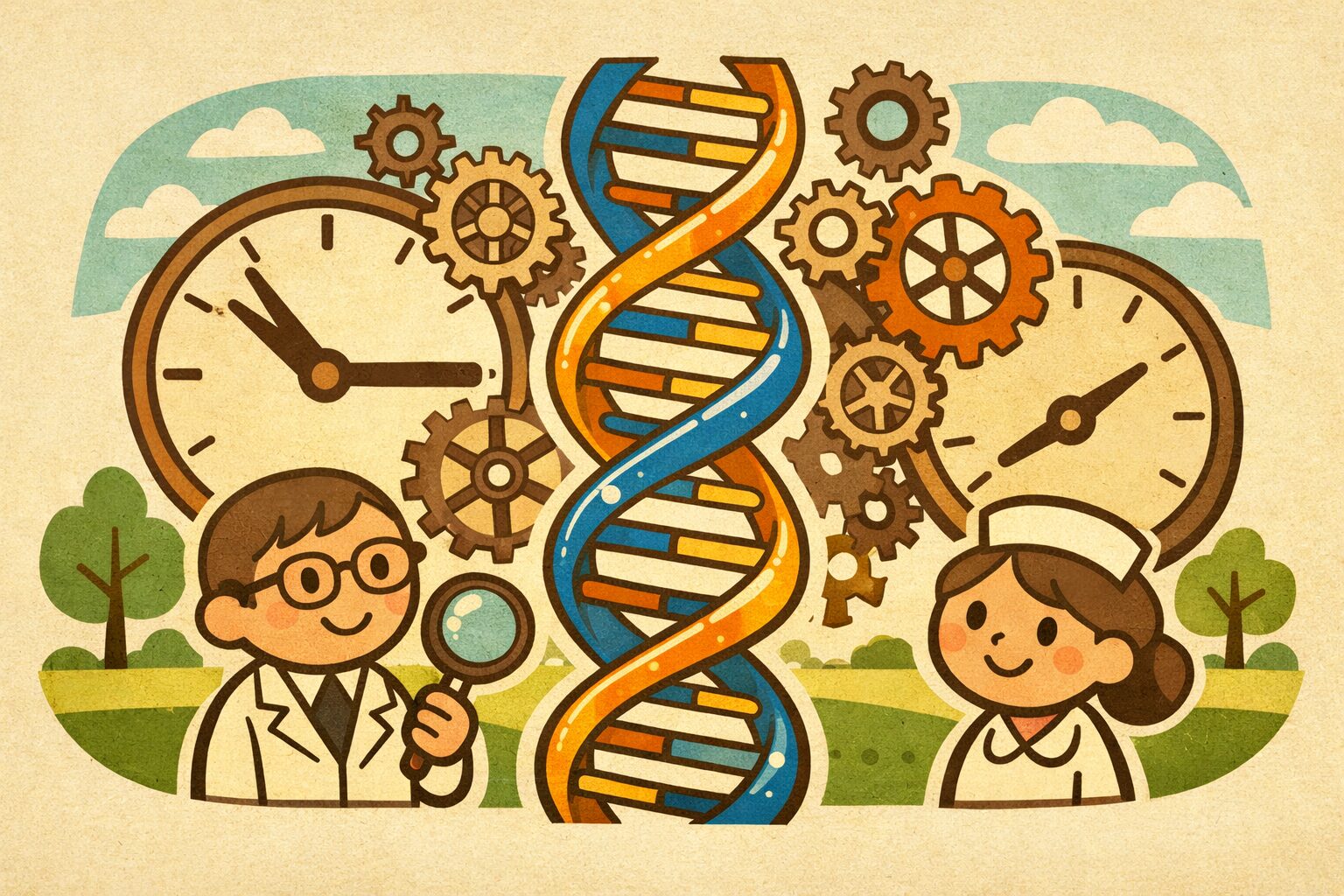 DNAと生物学的時計の関係を表現したイラスト。遺伝子と体内時計が老化や寿命に関与する概念を示す医療系ビジュアル