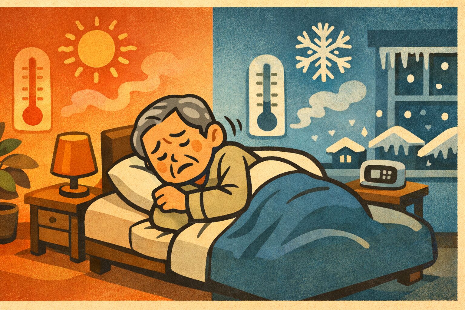 夜間の室内温度（暑さ・寒さ）が高齢者の睡眠と健康に悪影響を与える様子を示した医療イラスト