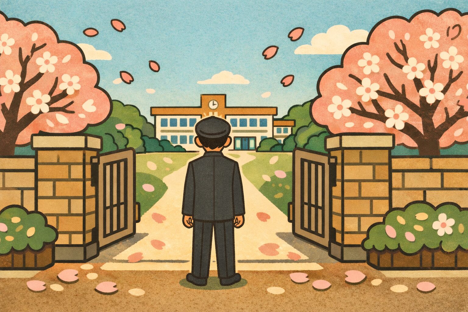 小学校から中学校へ進学する学ラン姿の日本人男子生徒が、桜が舞う春の校門前で新しい中学校を見つめて立っている後ろ姿のイラスト