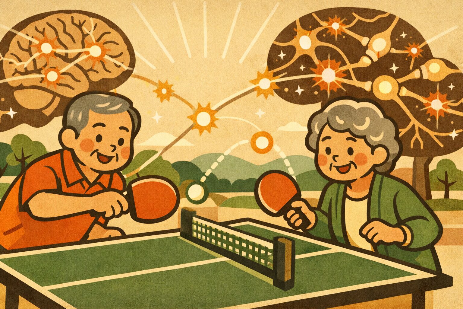 高齢者が卓球を楽しみながら脳を活性化し、認知症予防につながる様子を表したイラスト