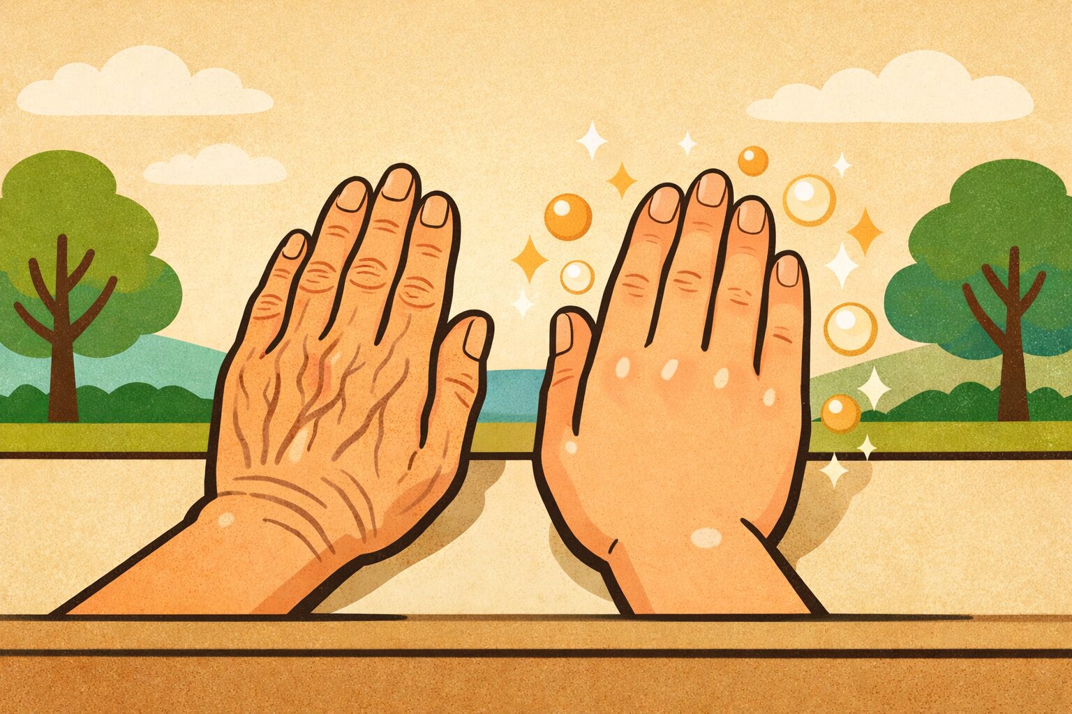 手の若返り治療前後を比較した美容医療イメージイラスト。左は加齢によるボリューム低下、右はヒアルロン酸治療後のハリと潤いのある手