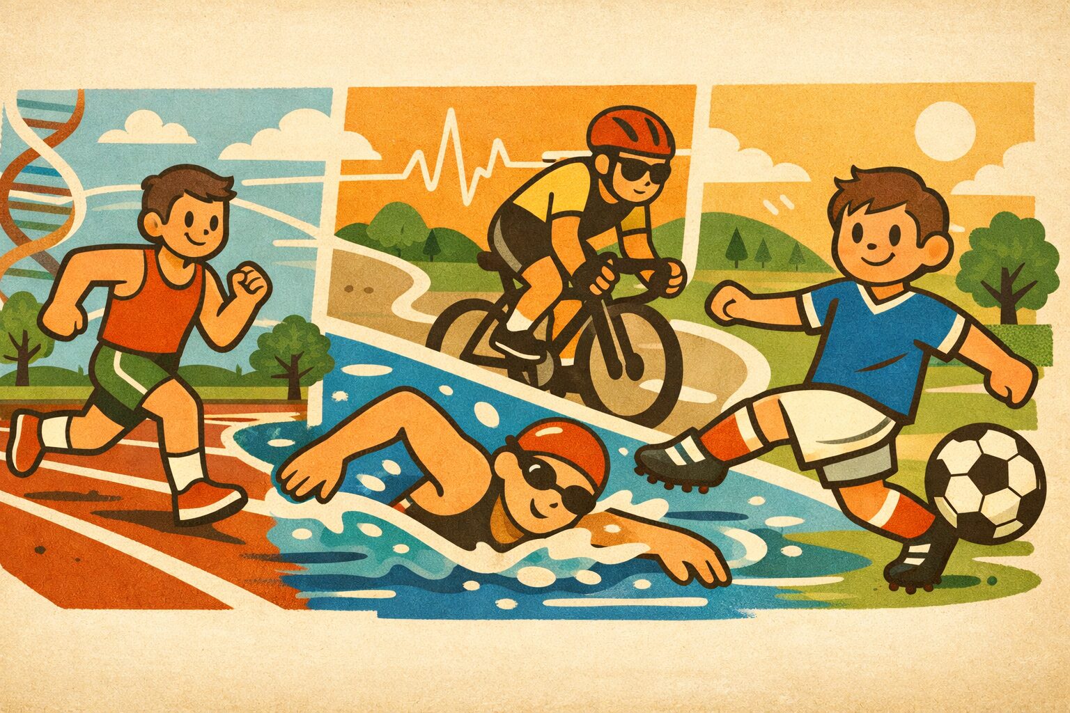 ランニング・水泳・サイクリング・サッカーを通じた有酸素運動と健康寿命の関係を科学的に表現した医療ブログ用イラスト