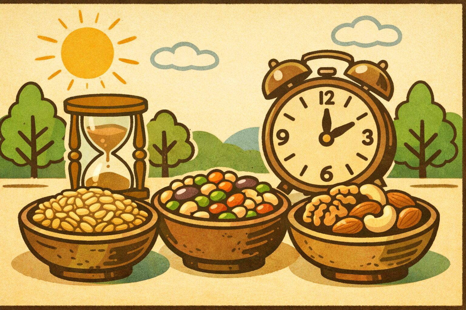 長寿に関連する全粒穀物・豆類・ナッツなどの健康的な食材と、時間の象徴である時計や砂時計を描いたイラスト