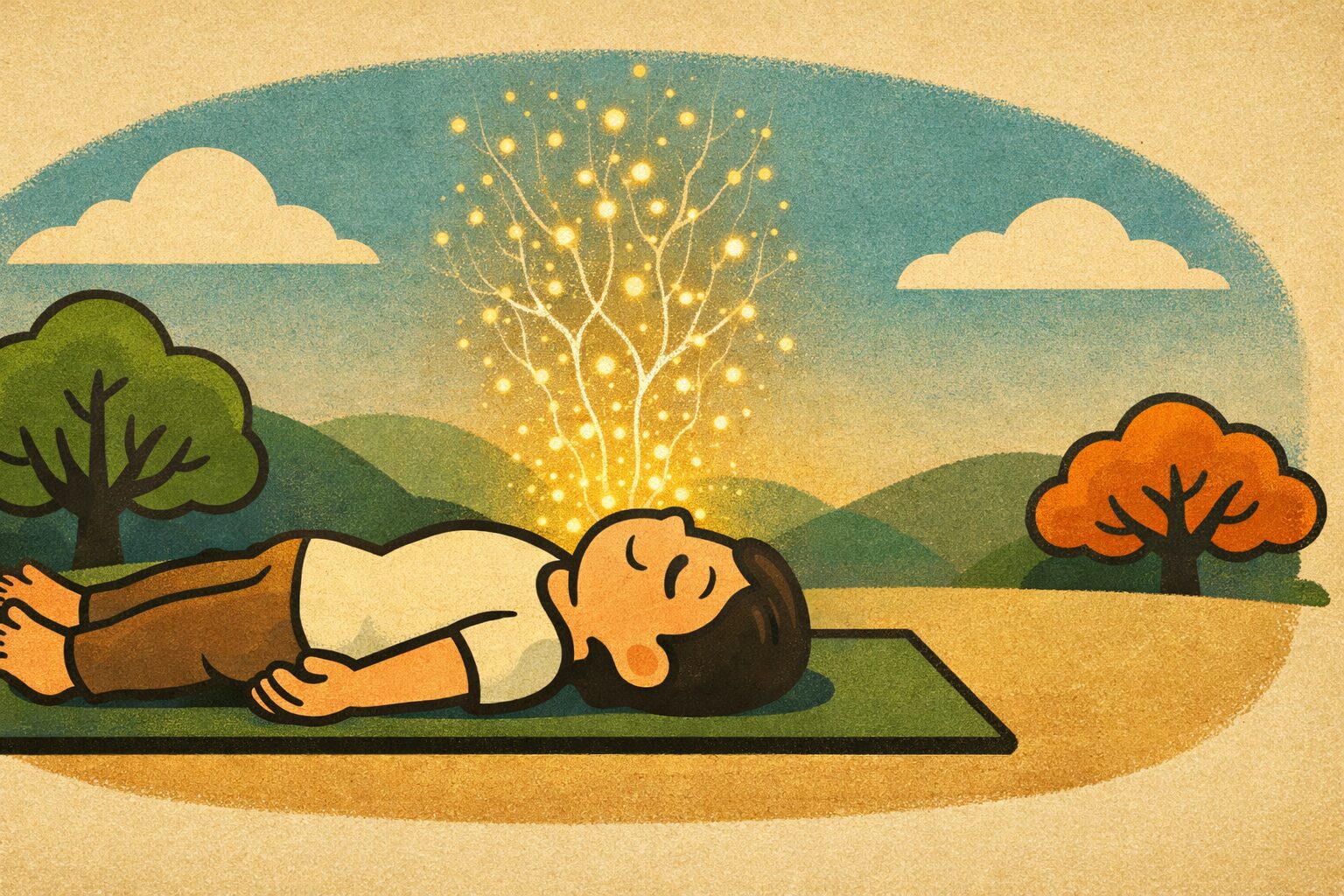 ヨガニドラ（NSDR）で仰向けに深くリラックスし、脳から金色の光が広がる様子を描いたイラスト