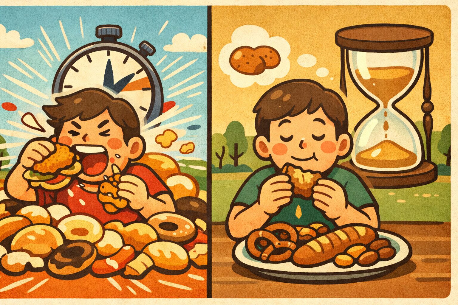 超加工食品の食感の違いによる食べるスピードを比較し、柔らかい食品を早食いする様子と、噛みごたえのある食品をゆっくり咀嚼する様子を対比したイラスト