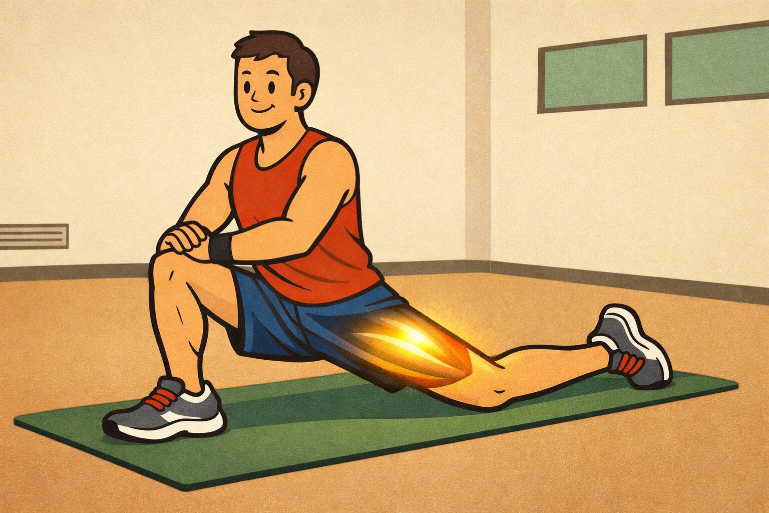 深い脚のストレッチを行う健康的な成人。筋肉の適応と成長を象徴する黄金色の光が脚部に描かれた、ミニマルなトレーニングスタジオのイラスト