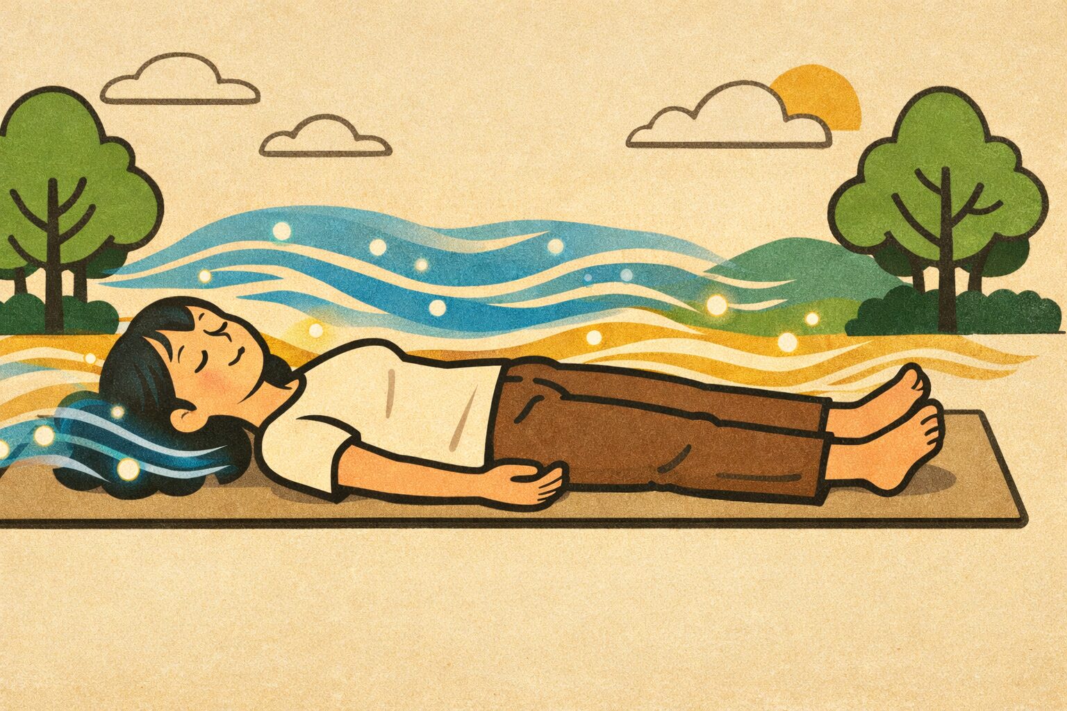 シャバーサナで仰向けに横たわり、青と金色の光に包まれて深い脳の休息とストレス軽減を得ている日本人女性のイラスト