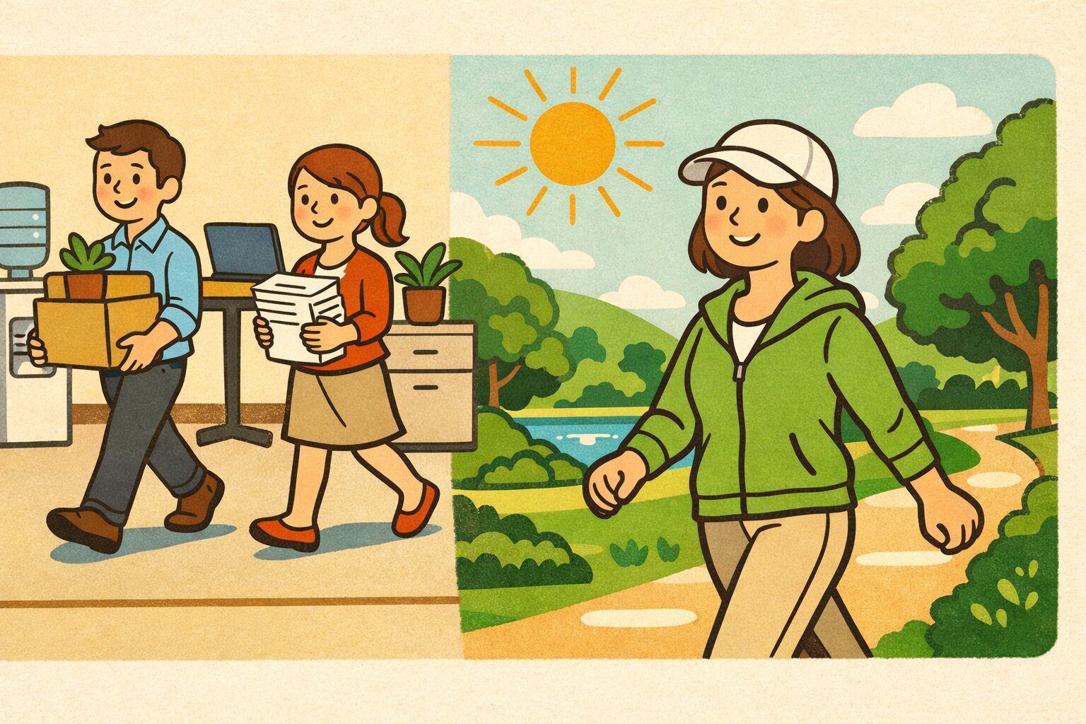 職場で体を動かして働く男女と、休日に公園でウォーキングを楽しむ女性を描いた健康的なライフスタイルのイラスト