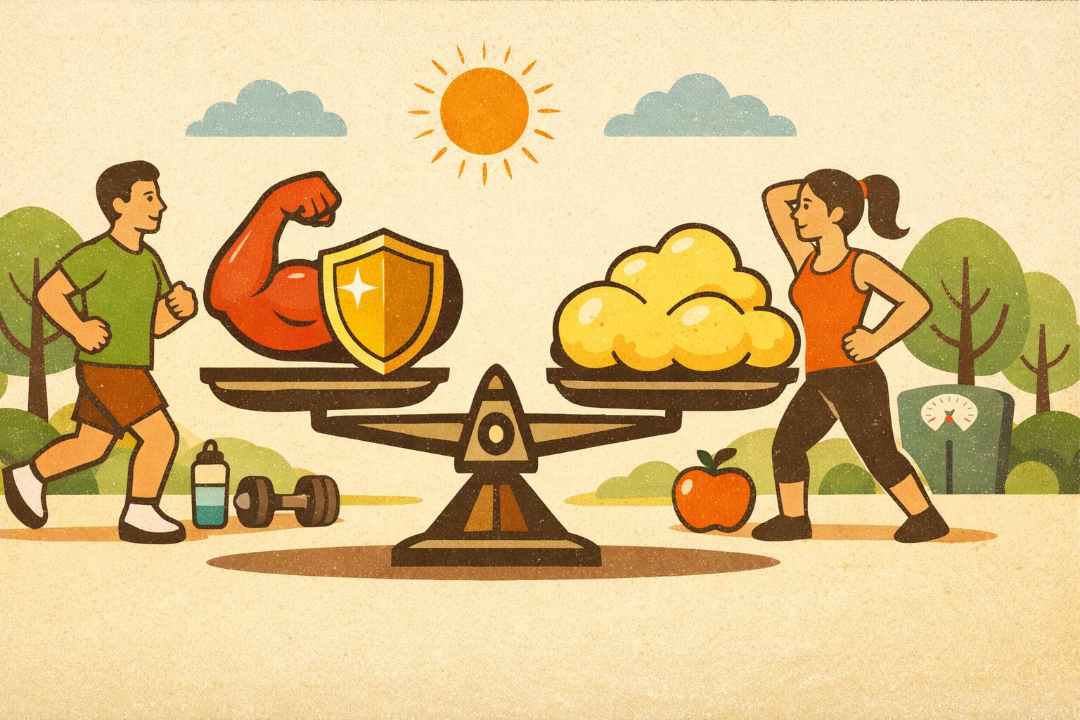 筋肉と脂肪のバランスを天秤で表現した体組成管理のイラスト。健康的な男女と運動・食事を象徴するモチーフが描かれたアイキャッチ画像。