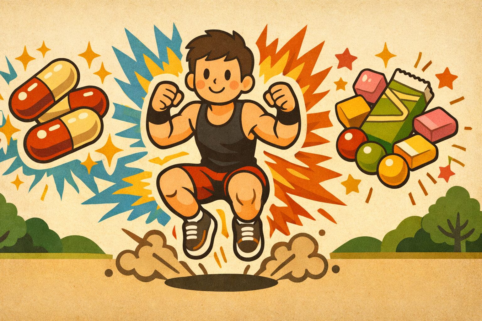 ジムでジャンプする男性アスリートとカフェインカプセルとチューインガムの対比イラスト｜カフェイン摂取方法と運動パフォーマンス比較