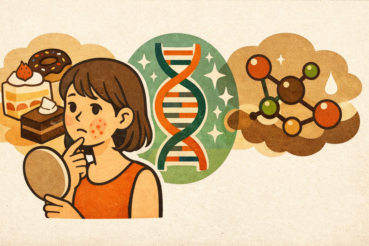 顎ニキビに悩む30代女性と高GI食・遺伝・ホルモンを示すイラスト