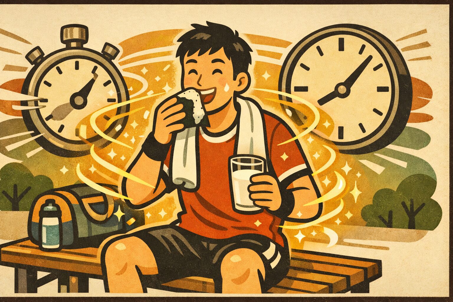 運動後のアスリートがおにぎりと牛乳で炭水化物とタンパク質を補給し、素早いリカバリーを目指すイメージイラスト