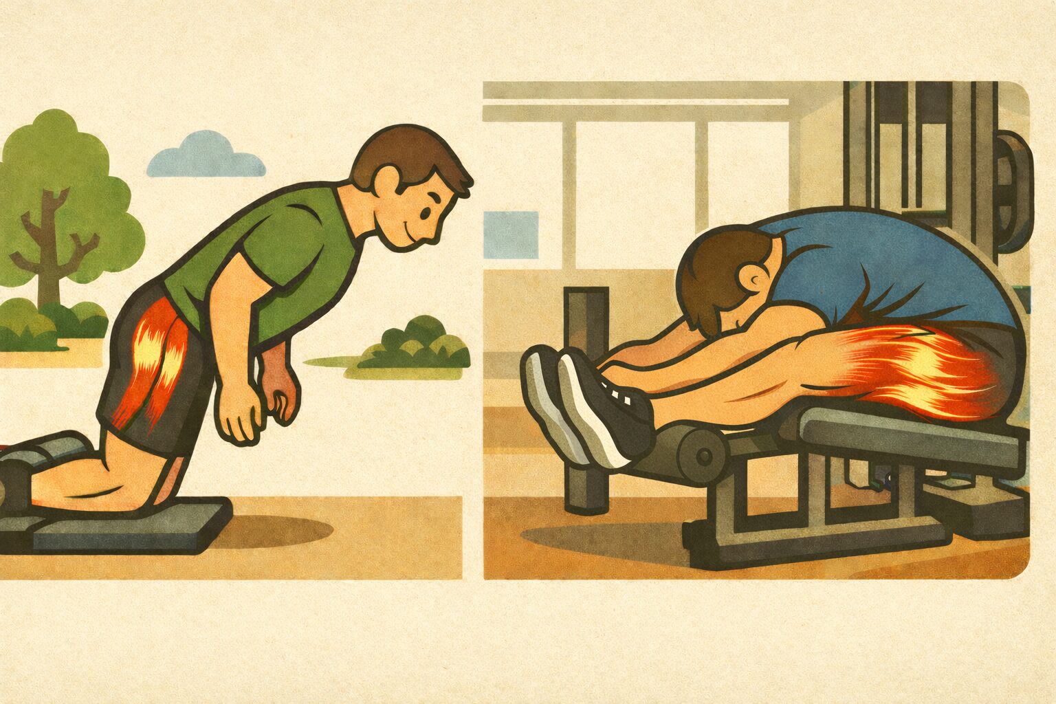 ノルディックハムストリングカールと前傾姿勢シーテッドレッグカールを比較し、ハムストリング筋の活性度を可視化したレトロ風トレーニングイラスト