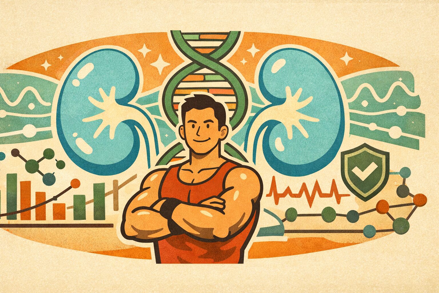 筋トレを行う健康的な男性の背後に、青く輝く腎臓とDNA二重らせんが描かれ、クレアチンと腎機能の安全性を遺伝子科学の視点で象徴したイラスト