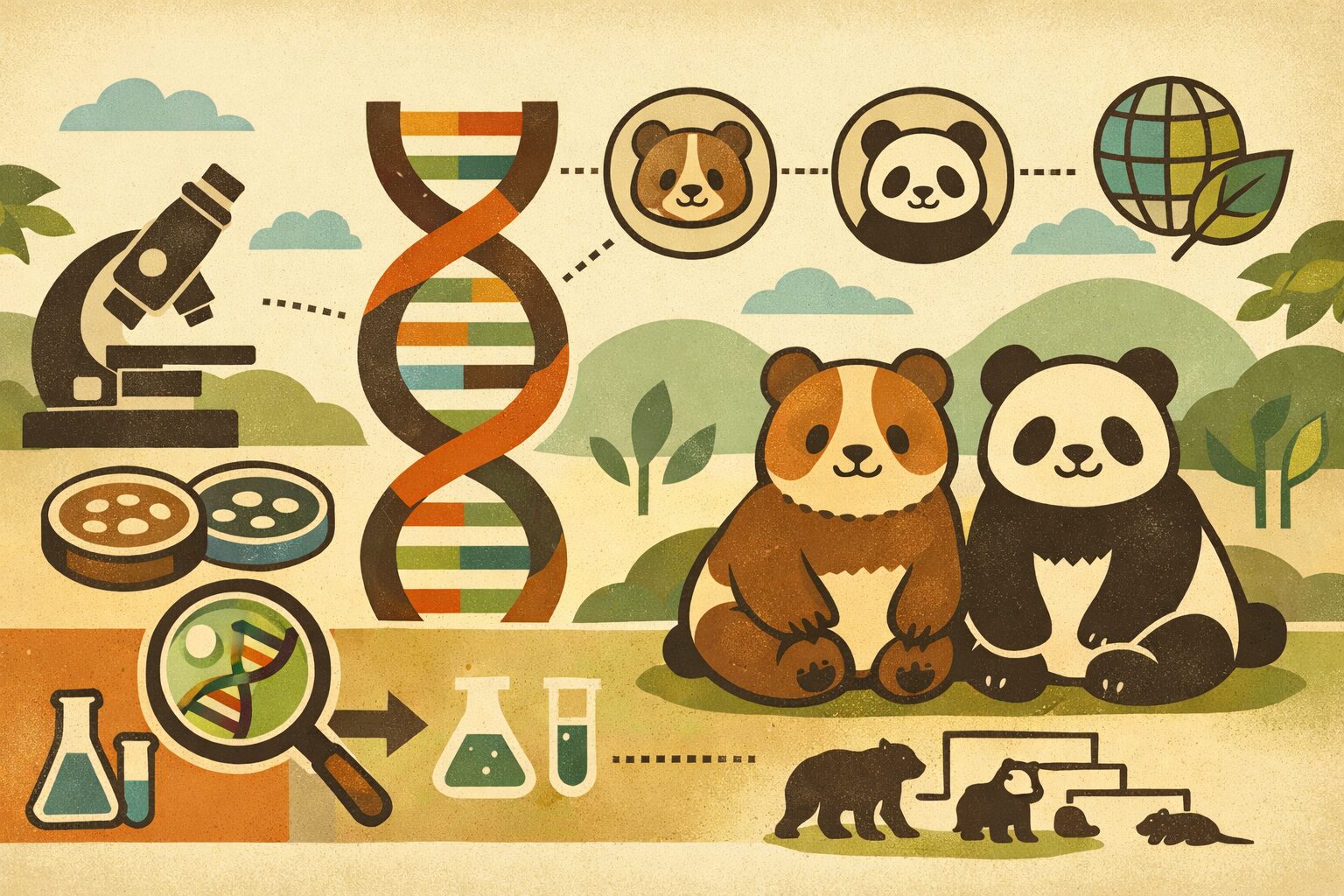 茶色と白の希少なジャイアントパンダと通常の白黒ジャイアントパンダが並び、背景にDNA二重らせんが描かれた遺伝子研究を象徴するレトロ風イラスト