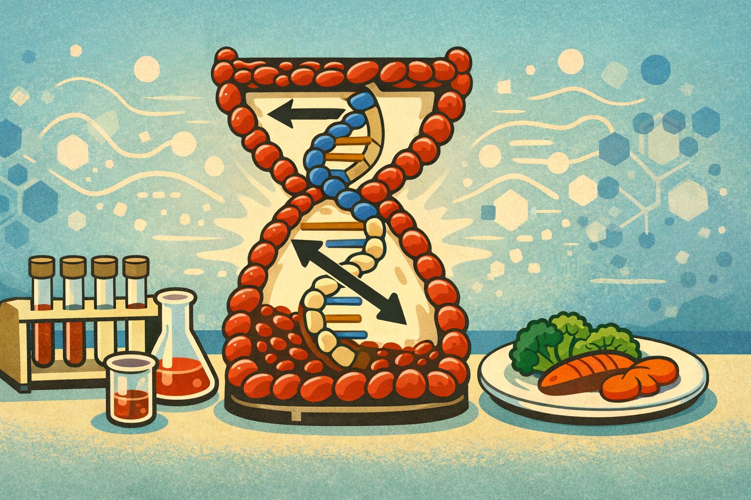 DNAと赤血球で形作られた生物学的時計を中心に、左に血液検査の試験管、右に少量の健康的な食事が描かれたカロリー制限と老化逆転を象徴する医療イラスト