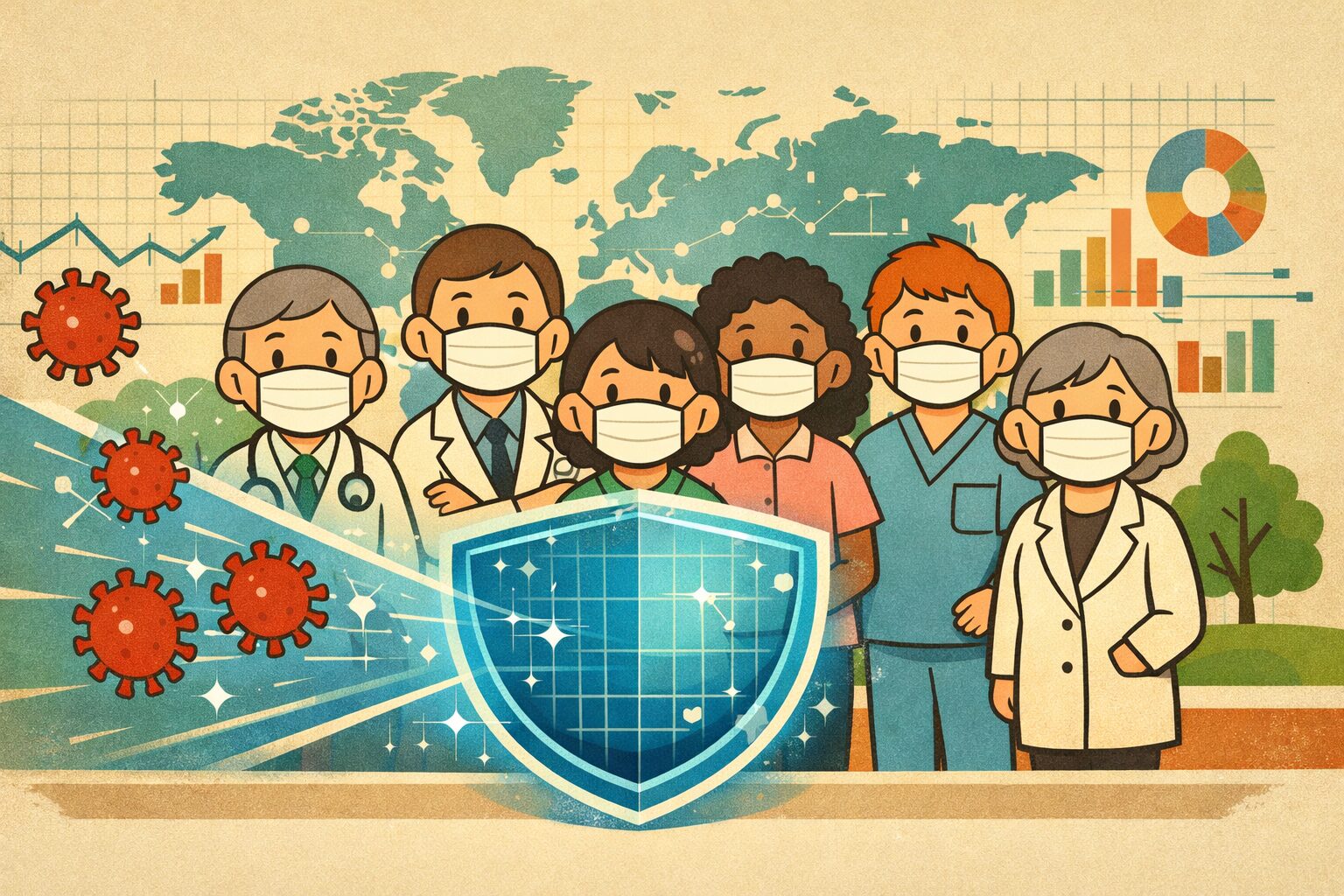 多様な人々が正しく医療用マスクを着用し、ウイルスを防ぐ青いデジタルバリアと世界規模の感染対策データを背景に立つ予防医療コンセプトイラスト