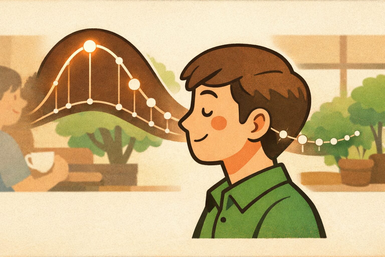 会話中にうなずく人物の横顔と、最初が最も大きくその後徐々に減衰していく波形軌跡を重ねたコミュニケーション分析イラスト