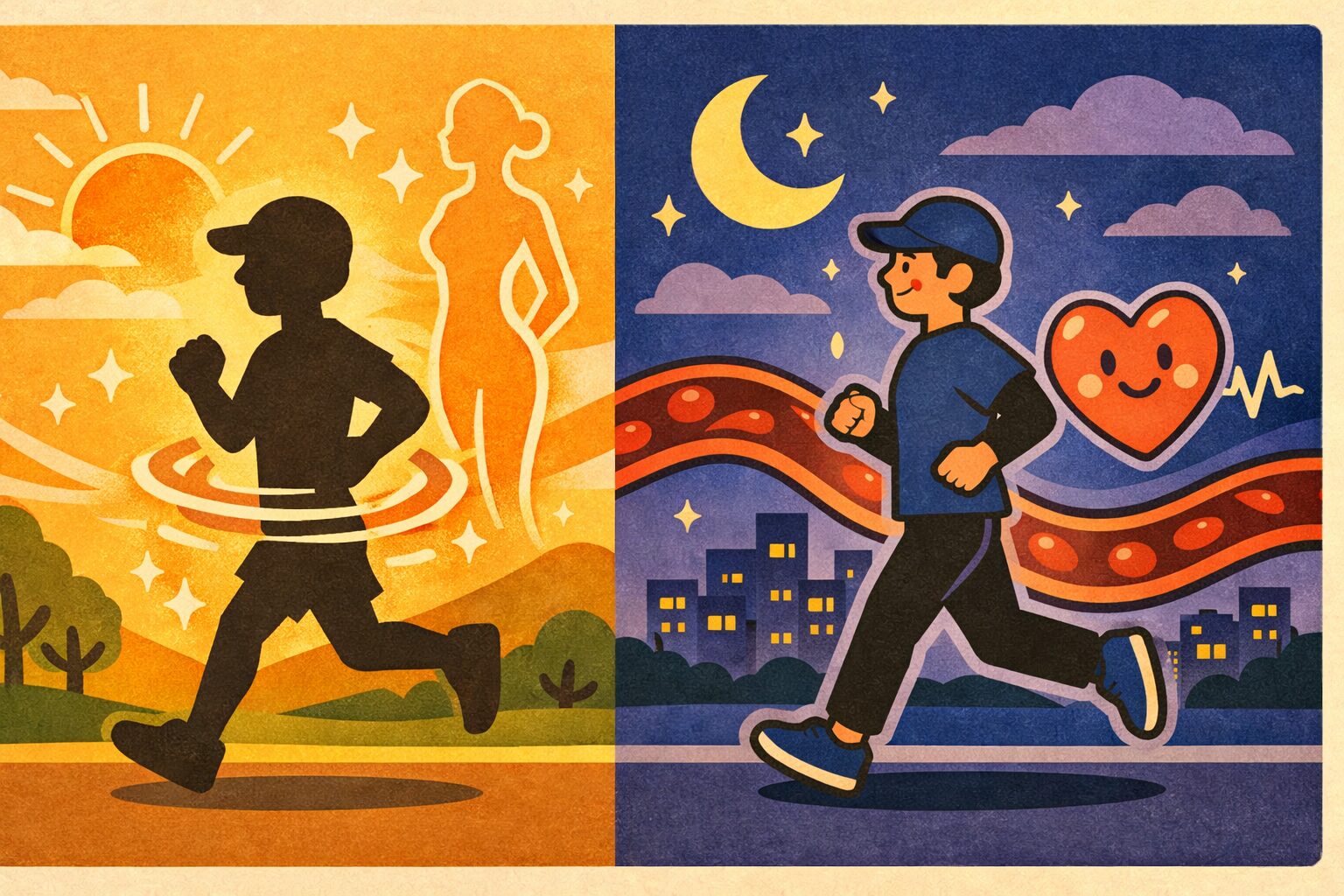 朝のランニングと夜のランニングの効果を比較したイラスト。朝は脂肪燃焼と体内時計の調整、夜は血圧低下と血管の健康改善を象徴的に表現。
