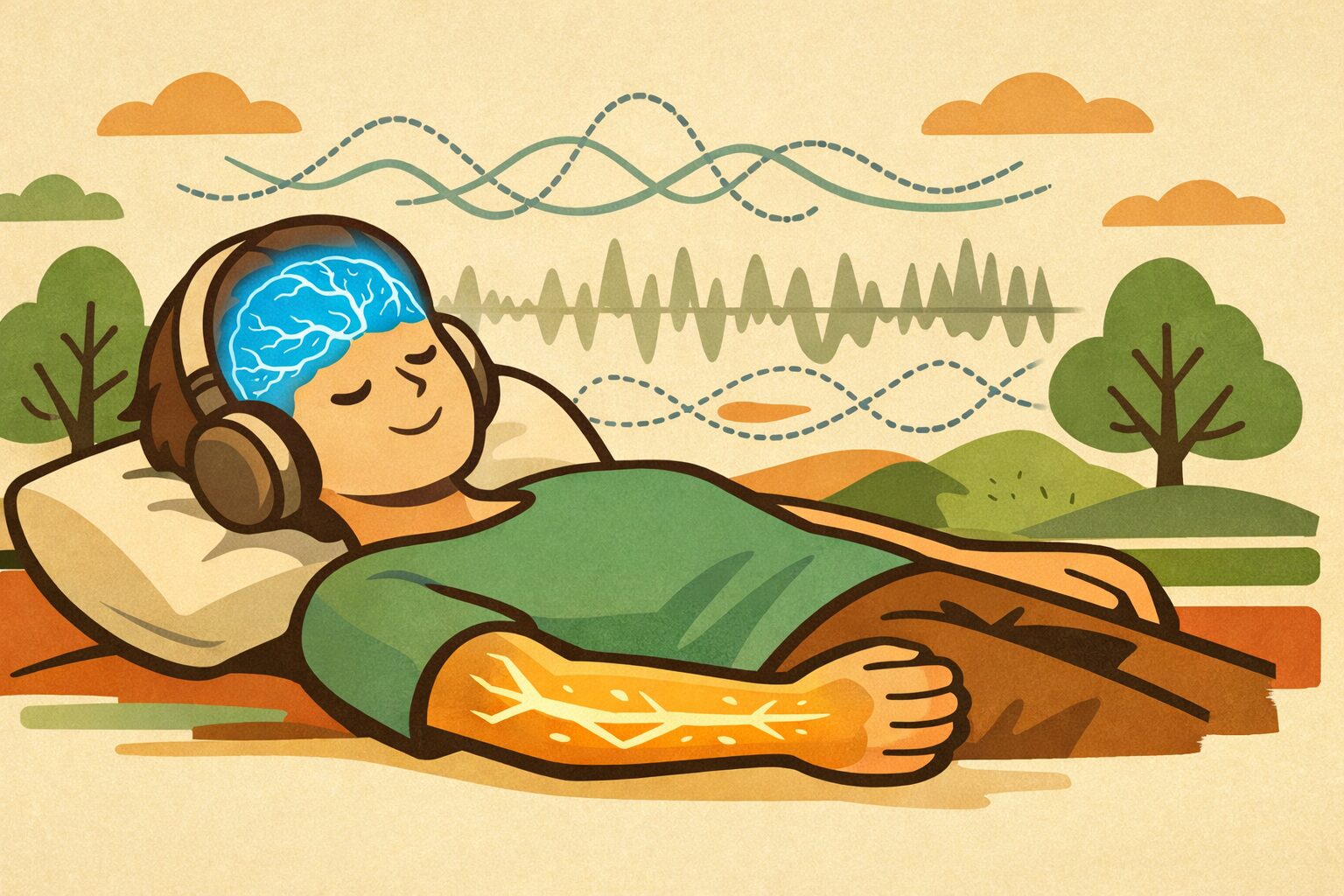 NSDR（Non-Sleep Deep Rest）を行い、脳の認知機能回復と握力など身体パフォーマンスの回復が促されている様子を示したレトロ調医療イラスト