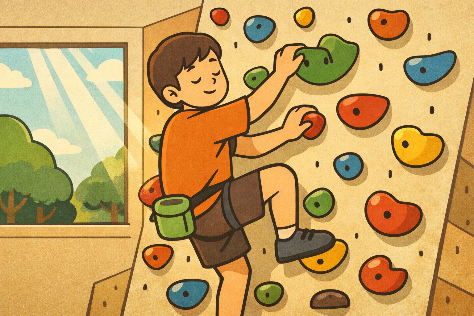 屋内ボルダリングジムでカラフルなホールドを登る人物のイラスト。穏やかな表情で集中し、マインドフルネス状態を表現したレトロ調デザイン。