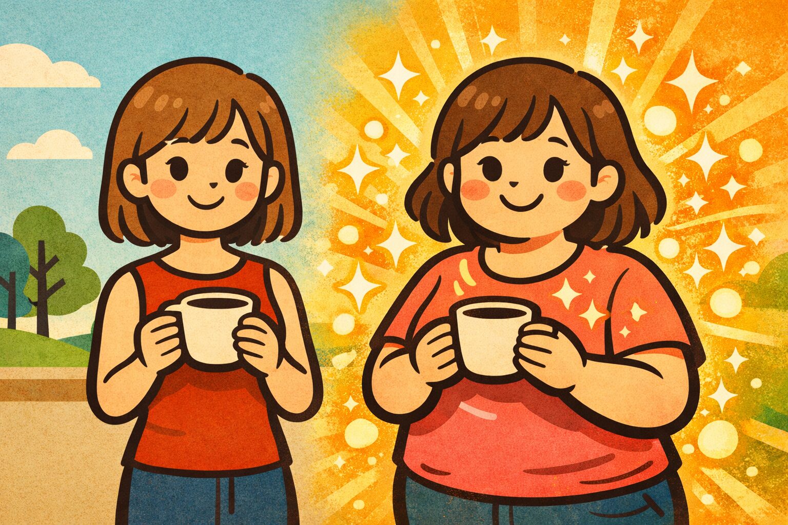 カフェインの効き目と体脂肪率の関係を表すイラスト。標準体型とややぽっちゃり体型の若い女性がコーヒーを持ち、体脂肪率が高い女性の周囲にエネルギーの光が強く描かれている