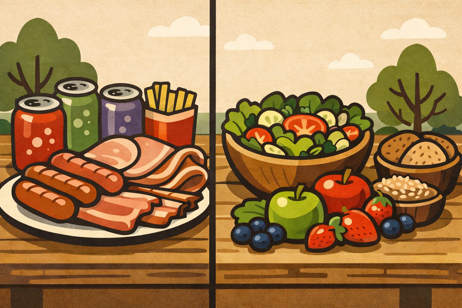 超加工食品と質の高い食事を対比したイラスト。加工肉や炭酸飲料と、野菜・果物・全粒穀物による健康的な食事の違いを示すビジュアル