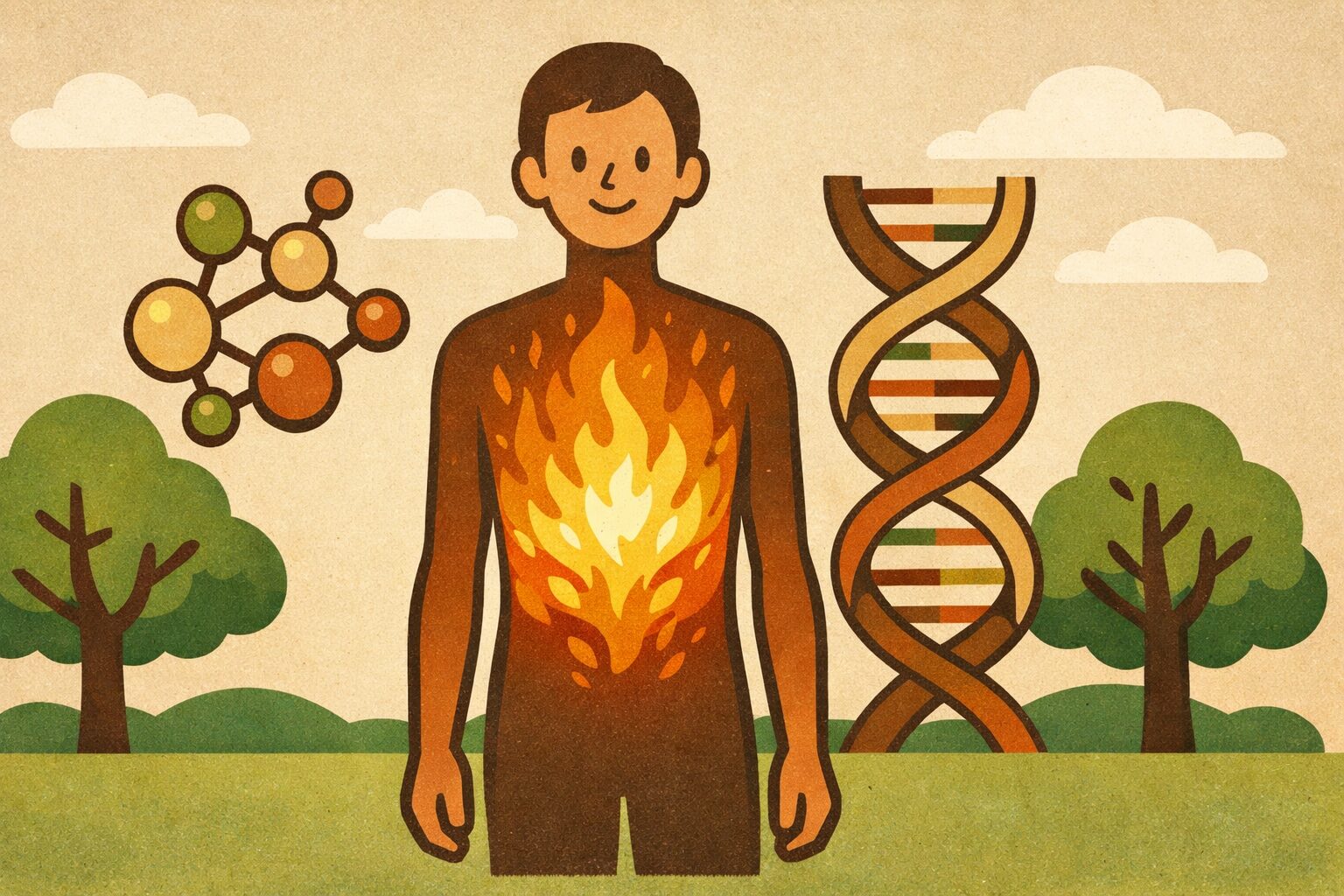高い基礎代謝とエネルギー消費を象徴する、体内に熱エネルギーが満ちた痩せ型男性のイメージイラスト