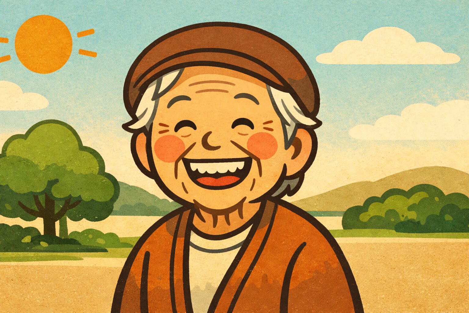 100歳の元気なアジア系高齢者が微笑む、長寿と健康を象徴するレトロ絵本風イラスト