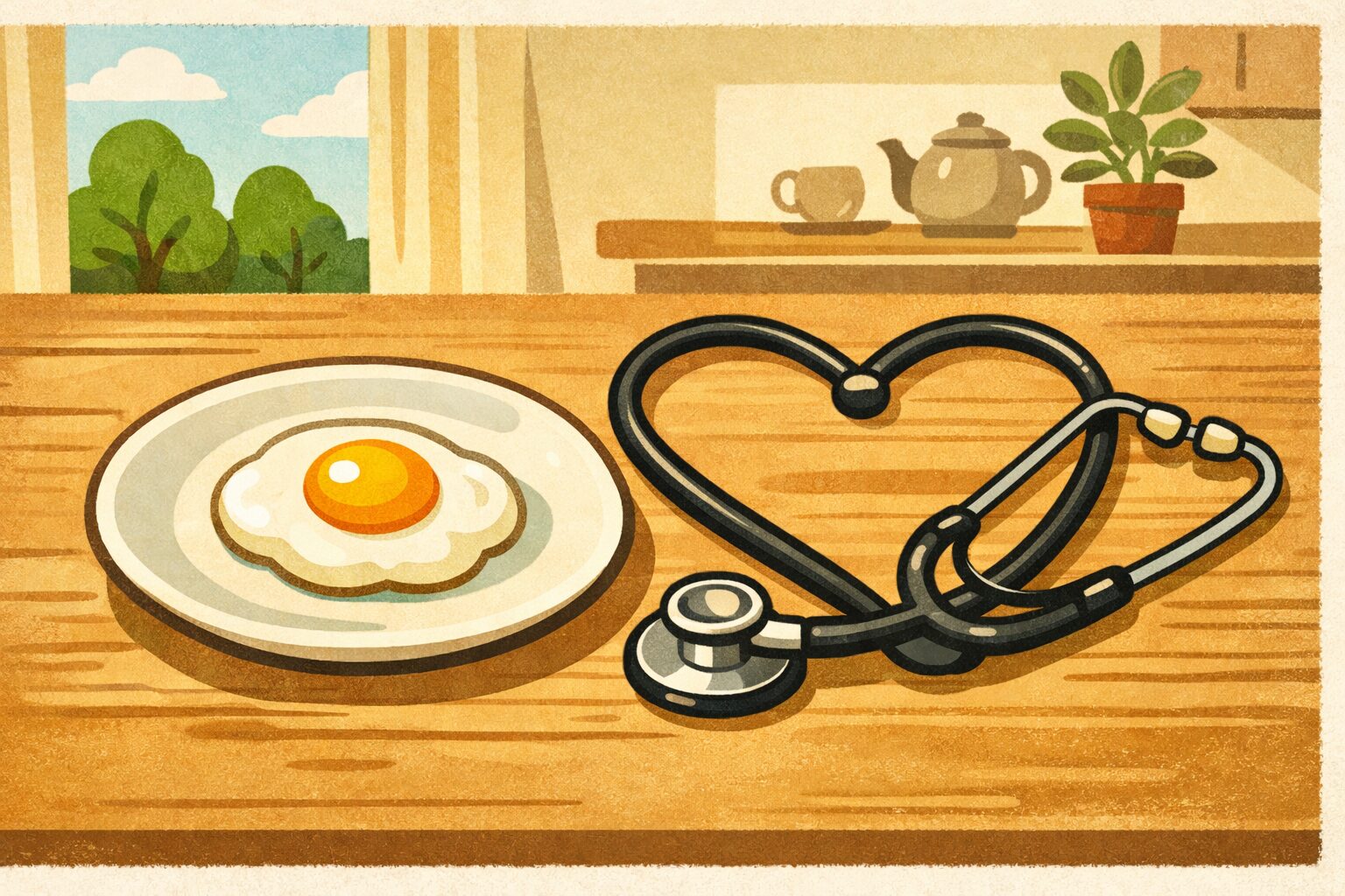 目玉焼きが1つ乗った白い皿と、ハート形に配置された聴診器を描いたイラスト。食事と心臓の健康管理の関係を象徴している。