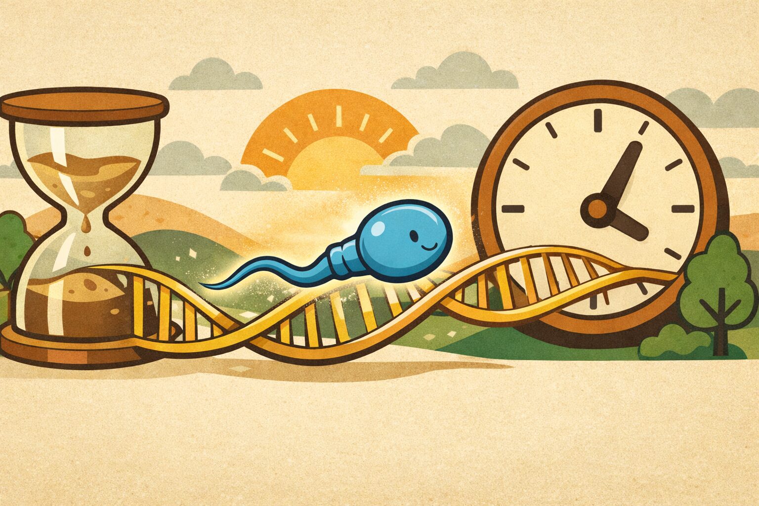 精子の質と長寿の関係を象徴的に表現したレトロ調の医療イラスト。DNAのタイムライン上を進む精子と生物時計が描かれている。