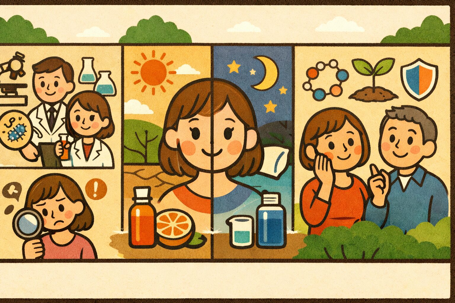 レチノールとビタミンC、バクチオールを象徴的に描いたレトロ調イラスト。科学的根拠に基づく40代向けエイジングケア成分の比較イメージ。