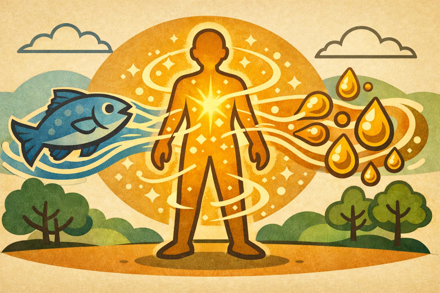 オメガ3脂肪酸を含む魚油が全身のタンパク質合成を高め、健康な体を支える仕組みを示した概念的イラスト