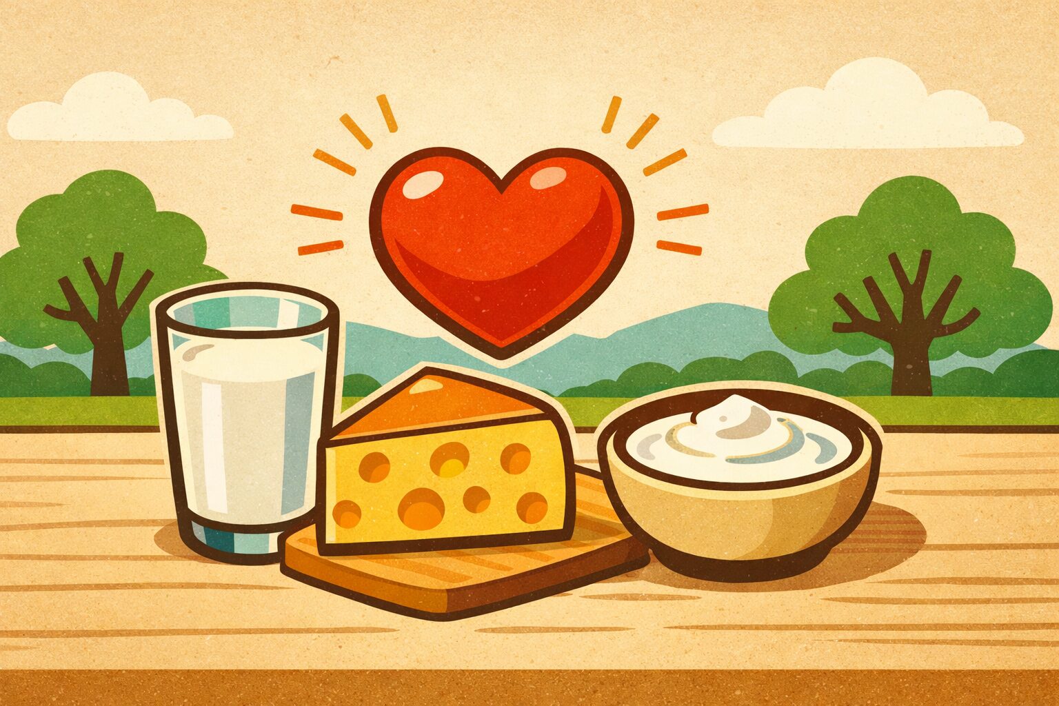 乳製品（牛乳・チーズ・ヨーグルト）と心臓の健康を象徴する赤いハートのイラスト。乳製品摂取と心血管の健康を示す概念図