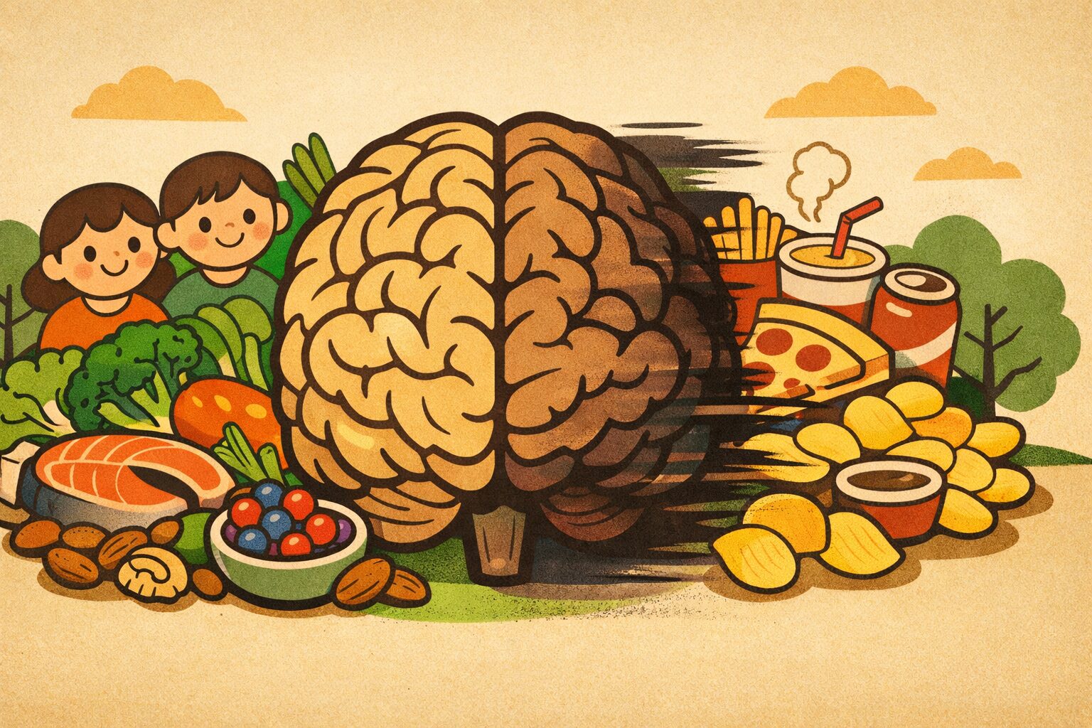 健康的な自然食品と超加工食品が人間の脳に与える影響を対比したイラスト。野菜や魚などの全食品と、ポテトチップスや即席麺などの超加工食品が脳の健康リスクを象徴的に描いている。