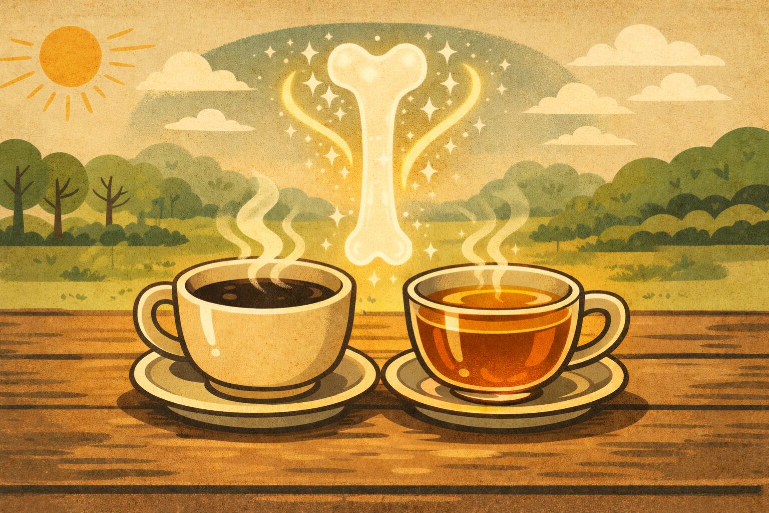 コーヒーと紅茶の湯気が健康的な大腿骨のシルエットを形作るイラスト。飲み物の習慣と骨密度・骨粗鬆症予防の関係を象徴的に表現。