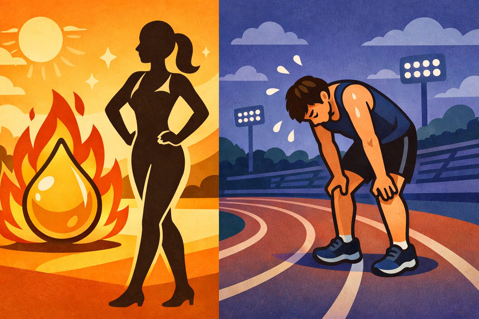 脂肪燃焼によるダイエット効果と運動パフォーマンス低下を対比したスポーツ栄養学の概念イラスト