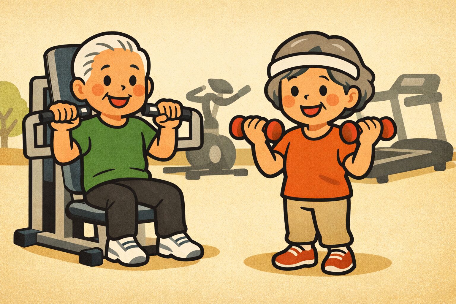 明るいジムで笑顔の高齢男女がマシントレーニングとダンベル運動を行うイラスト。背景にエアロバイクとランニングマシンがあるシニア向け筋力トレーニングの様子。