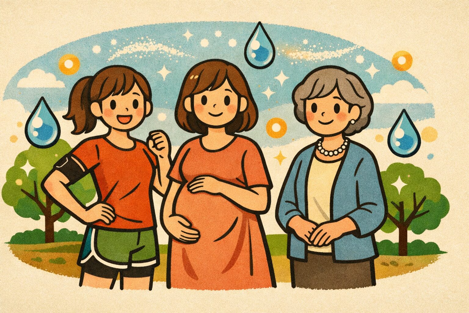 異なるライフステージ（若年期・妊娠期・シニア期）の女性が笑顔で並ぶ健康とウェルネスを象徴するレトロ風ベクターイラスト