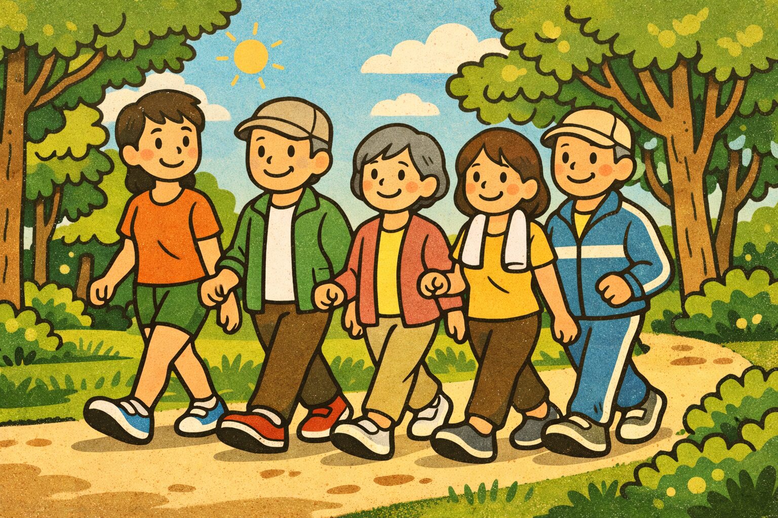 明るく緑豊かな公園で若者から高齢者までが笑顔でウォーキングを楽しむ健康的なグループのイラスト